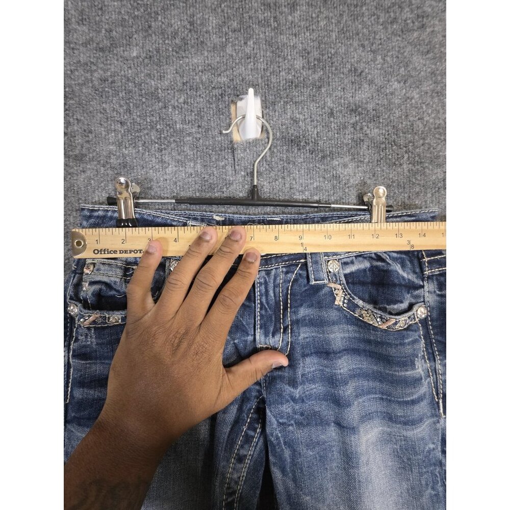 Miss Me Jeans Womens 27 Blue Signature Crop Embellished Rhinestone Raw Hem Bling - Picture 2 of 9